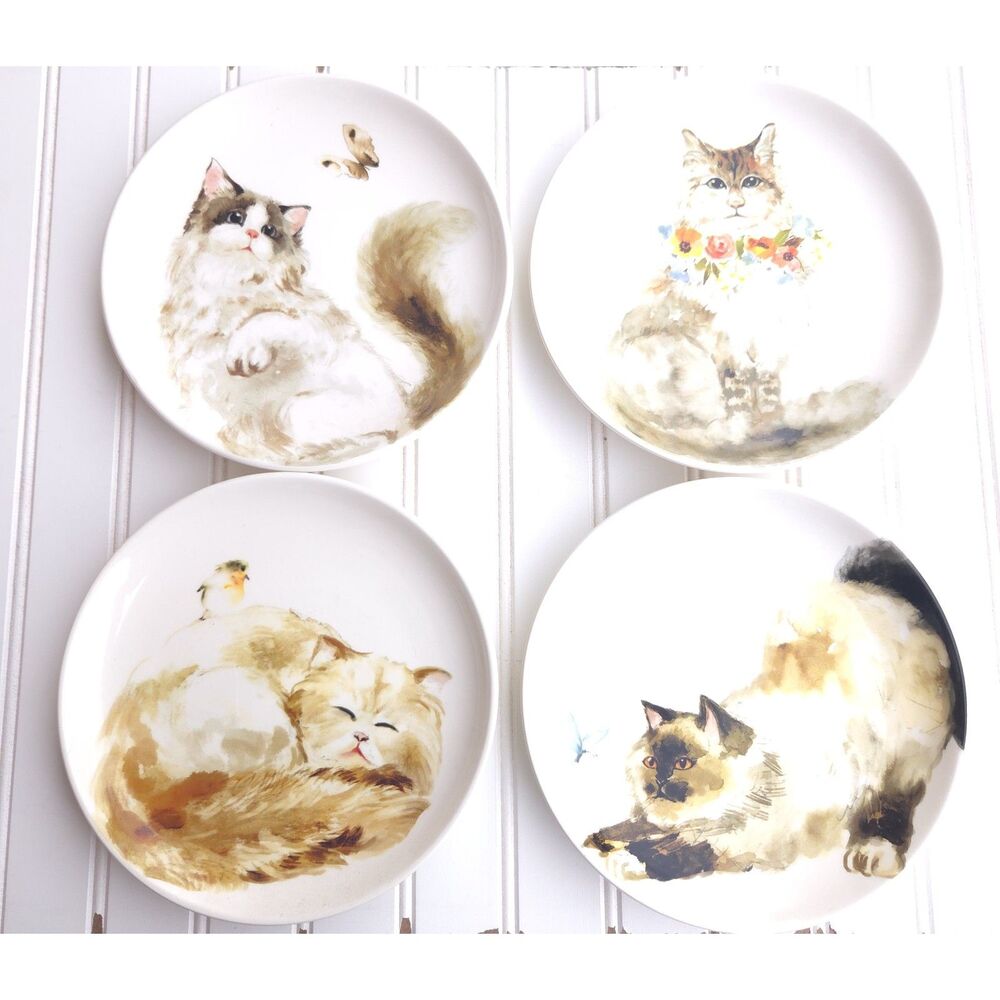 Pier 1 Cat Plates Set of 4 8.25” Dolomite Watercolor Cats Salad Dessert